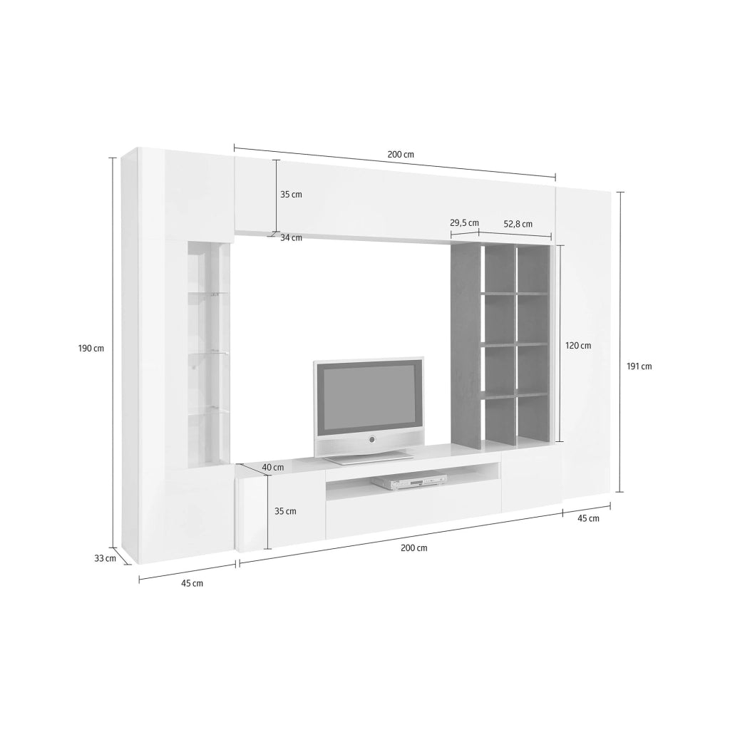 Igor, Parete Attrezzata 7 Ripiani Made in Italy, 40x290x192h cm Bianco Lucido