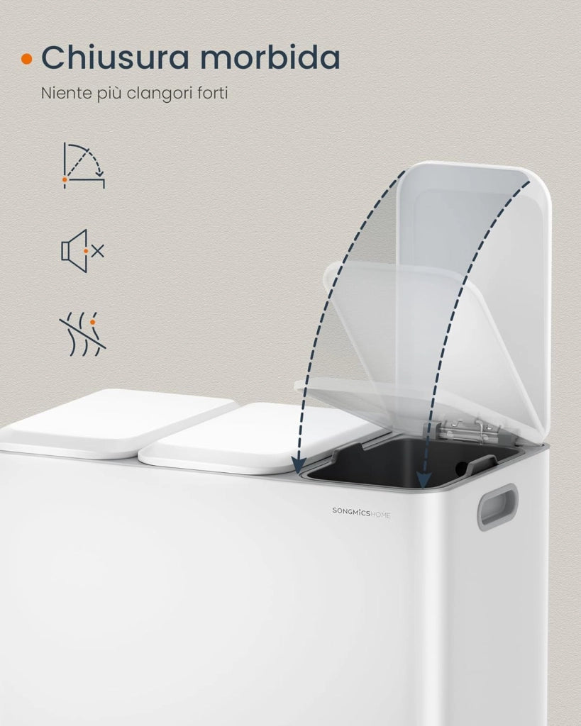 Cestino da Cucina Tripla, Pattumiera per Raccolta Differenziata 3 x 15 L con Pedali Colorati, Raccolta Differenziata, Coperchio e Secchi Interni, Acciaio, Bianco Nuvola