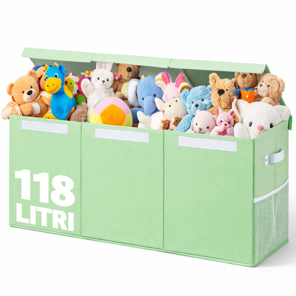 Contenitore Box 3 Scomparti Verde Scatola Cesta Giocattoli Organizer Multiuso