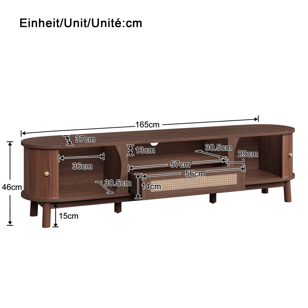 Mobile TV con 2 Ante Scorrevoli e 2 Cassetti in Rattan; Stile Country; Soggiorno; 165??37??46 cm; in MDF; Noce