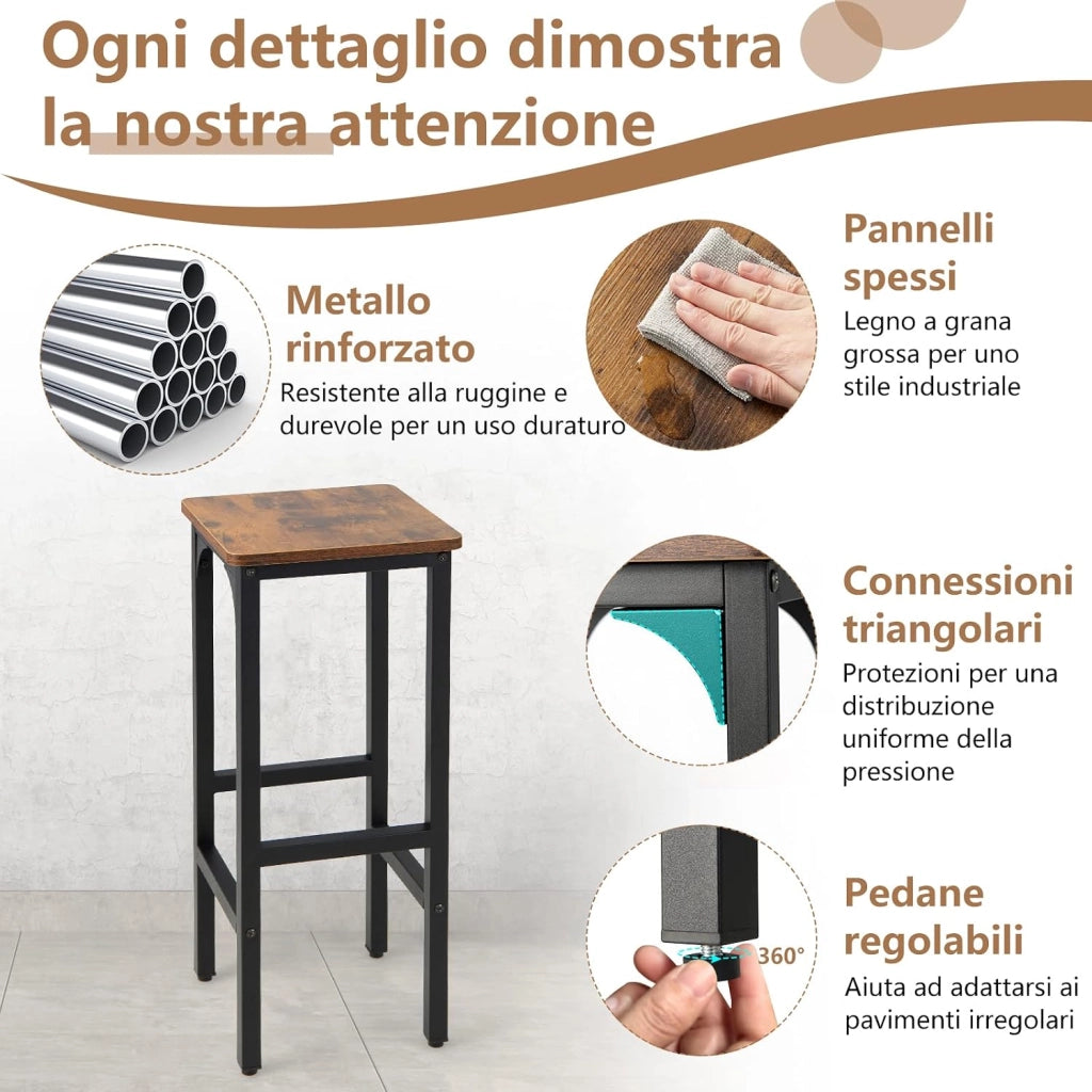 Set di 2 Sgabelli da Bar, Sgabello Cucina con Poggiapiedi, H71,5 cm, Gambe Regolabili, Struttura d'Acciaio, per Pub e Ristoranti, Marrone Rustico