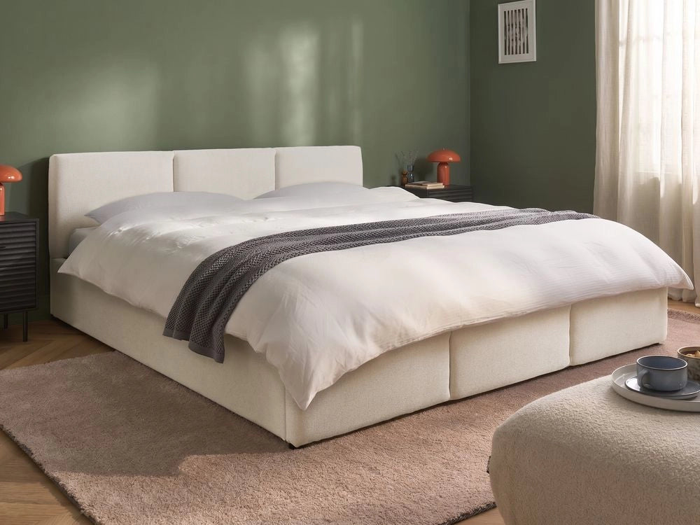 Letto rivestito in tessuto bianco sporco 180 x 200 cm, testiera trapuntata con vano portaoggetti