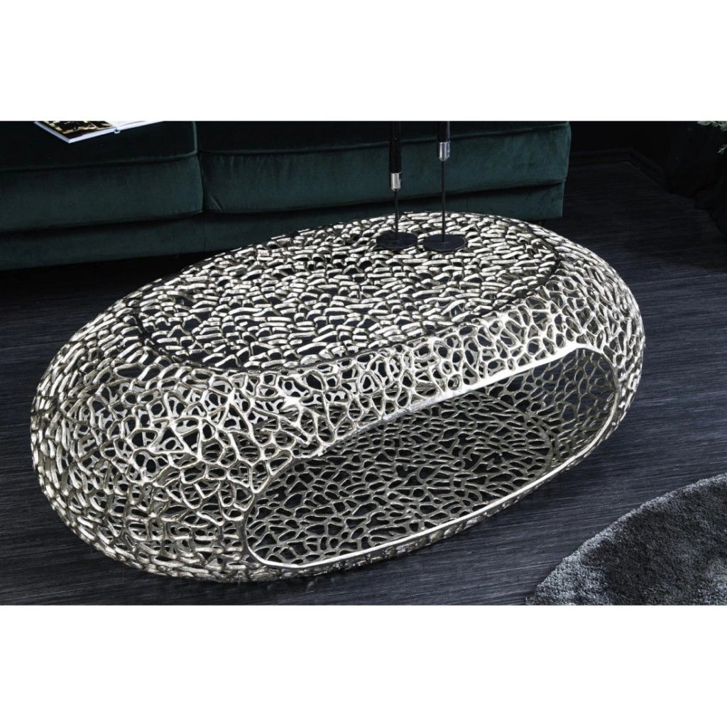Tavolino basso METRIX ovale 119 cm argento con nicchia integrata - Tavolino design in alluminio