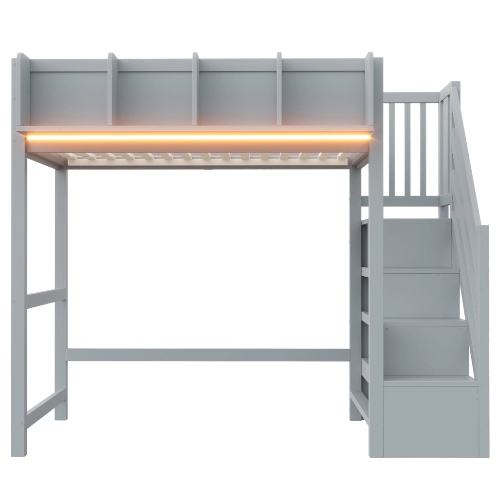 Letto a soppalco ULEVR 90x200 cm con LED, barriera di sicurezza, vani portaoggetti e scala, grigio
