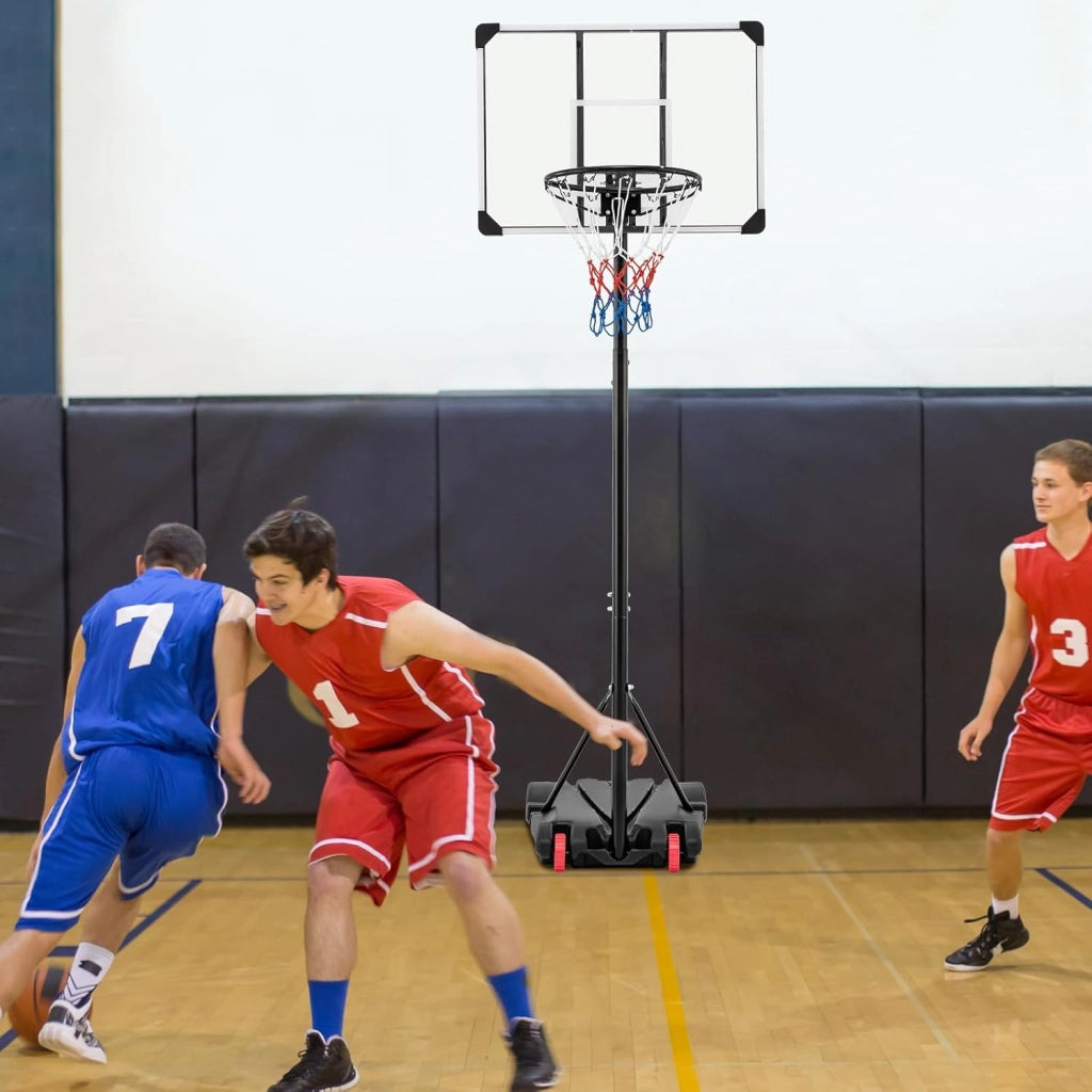Canestro da Basket Portatile e Regolabile in Altezza 223-253 cm, Canestro da Basket da Esterno ed Interno con Tabellone Antisfondamento, Base Riempibile e Ruote
