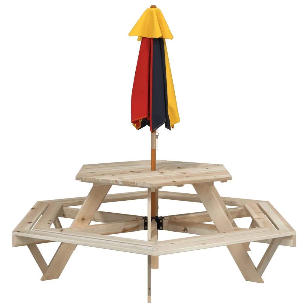 vidaXL Tavolo Picnic per 6 Bambini con Ombrellone Esagono Legno Abete