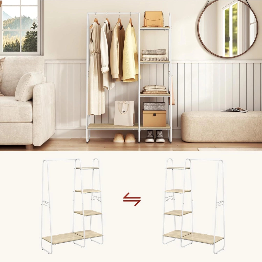 Stand Appendiabiti con Barra, Armadio Aperto con Scarpiera, 4 Ripiani, 6 Ganci Rimovibili, per Camera da Letto, Ingresso, 100x40x152 cm, in Metallo e Legno, Rovere Chiaro + Bianco