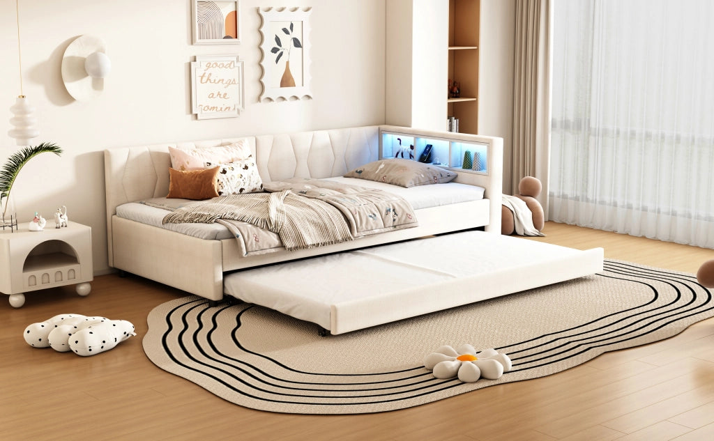 DESMIU Divano letto 90 × 200 cm 1 posto con USB, Type-C, LED, vani, senza materasso, beige