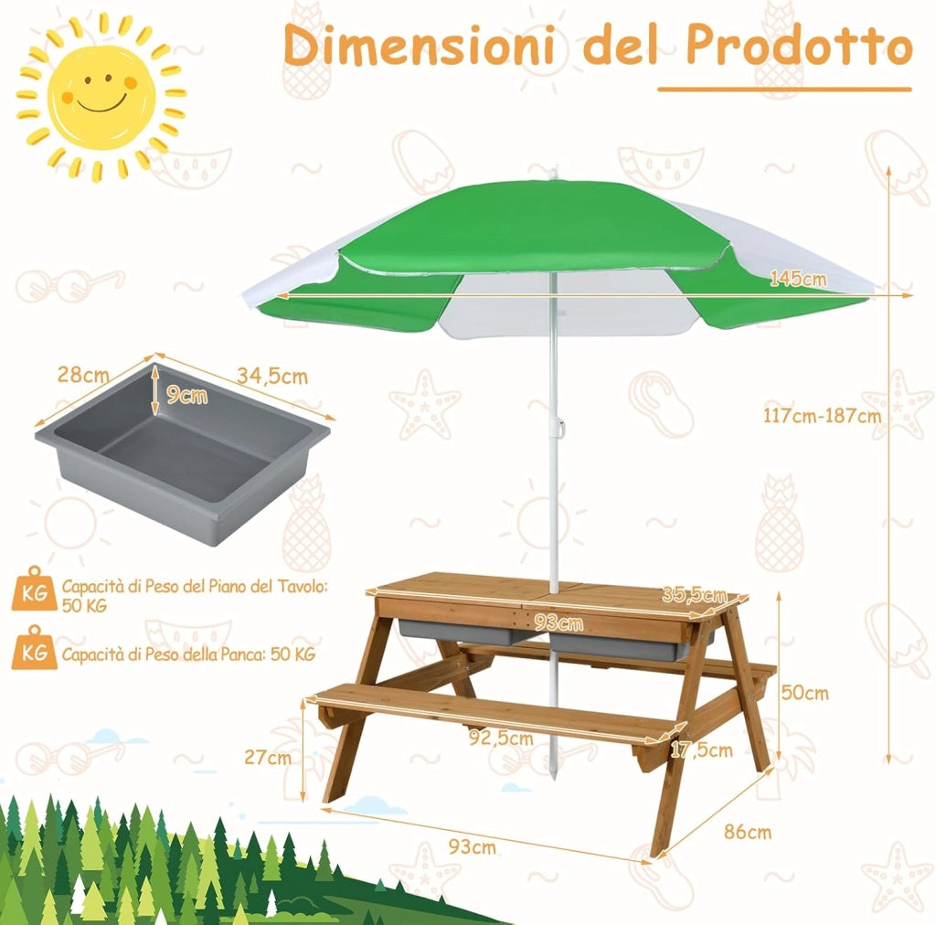 Set Tavolo Picnic Bambini 3 in1 con Ombrellone Rimovibile e Regolabile, Tavolino con Piano Rimovibile, Tavolo con Panche in Legno per Bambini da Interno Esterno (bianco+verde)