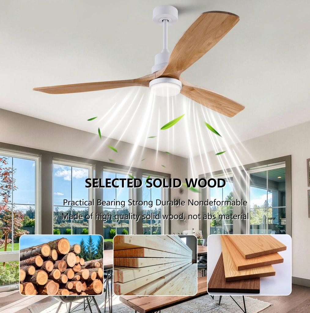 Ventilatore da soffitto 60" in legno massello, 3 pale, LED con telecomando