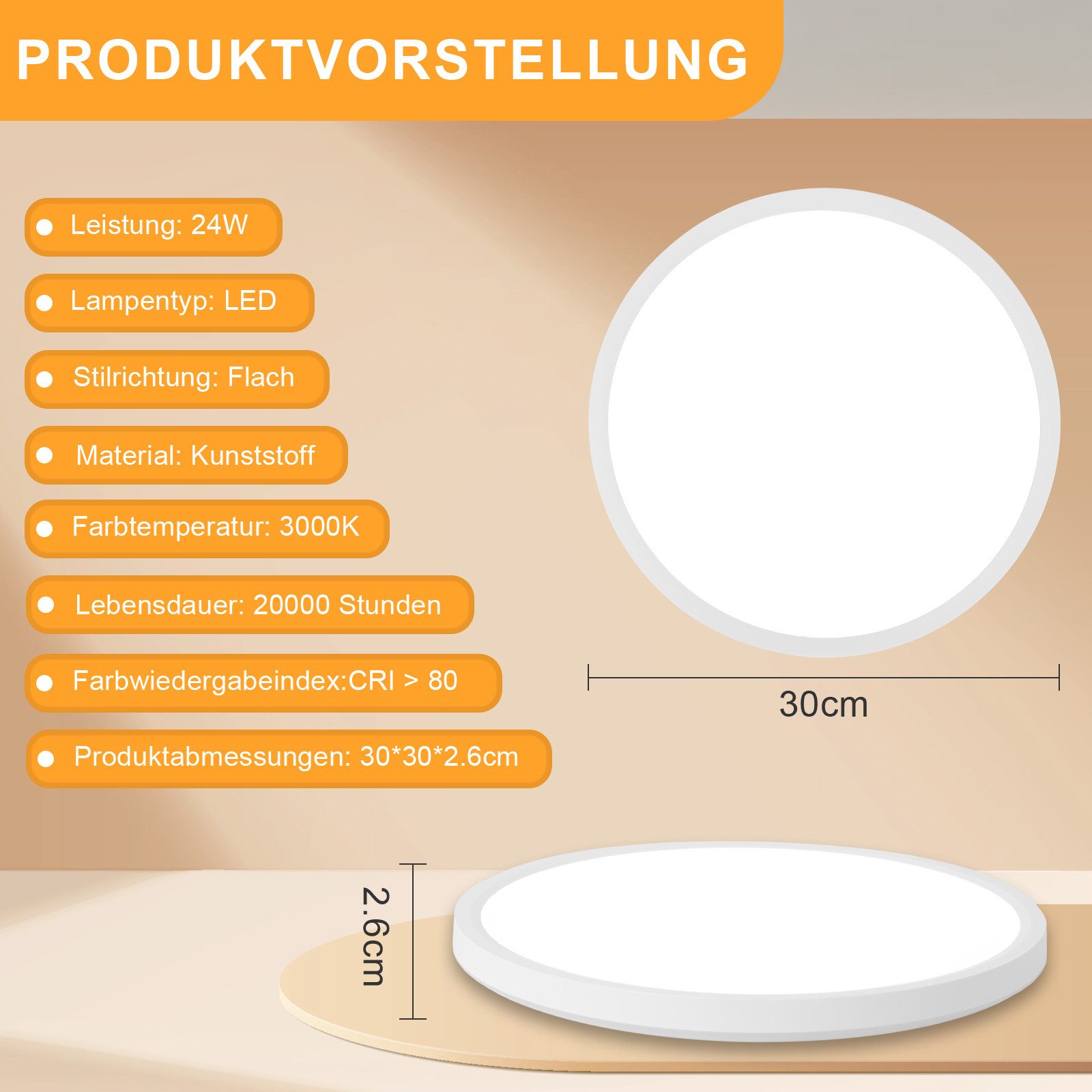 ZMH Lampada da soffitto plafoniera LED moderna rotonda 30 cm illuminazione bianca calda per interni