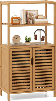 Scaffale in Bambù con Ante, Libreria a 4 Ripiani con Mensole Aperte e Armadio con Persiane, Organizzatore di Stoccaggio per Soggiorno Studio Cucina, 60 x 33 x 116 cm