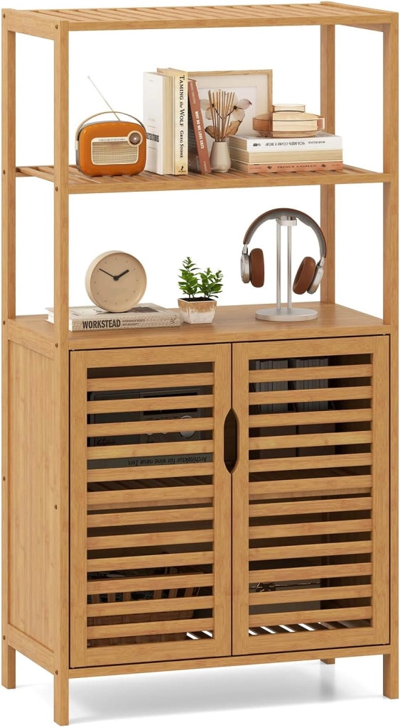 Scaffale in Bambù con Ante, Libreria a 4 Ripiani con Mensole Aperte e Armadio con Persiane, Organizzatore di Stoccaggio per Soggiorno Studio Cucina, 60 x 33 x 116 cm
