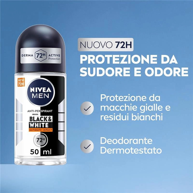 NIVEA MEN BLACK & WHITE INVISIBLE ROLL-ON 50 ML DEODORANTE UOMO 72H ANTITRASPIRANTE NO ODORI SUDORE IRRITAZIONI E MACCHIE