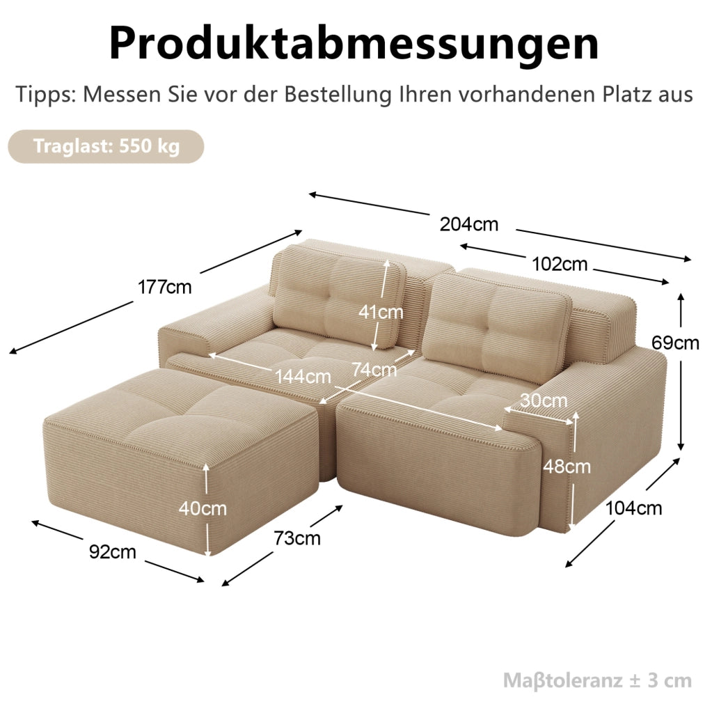 Divano modulare boneless in corduroy beige con seduta profonda 74 cm e base antiscivolo