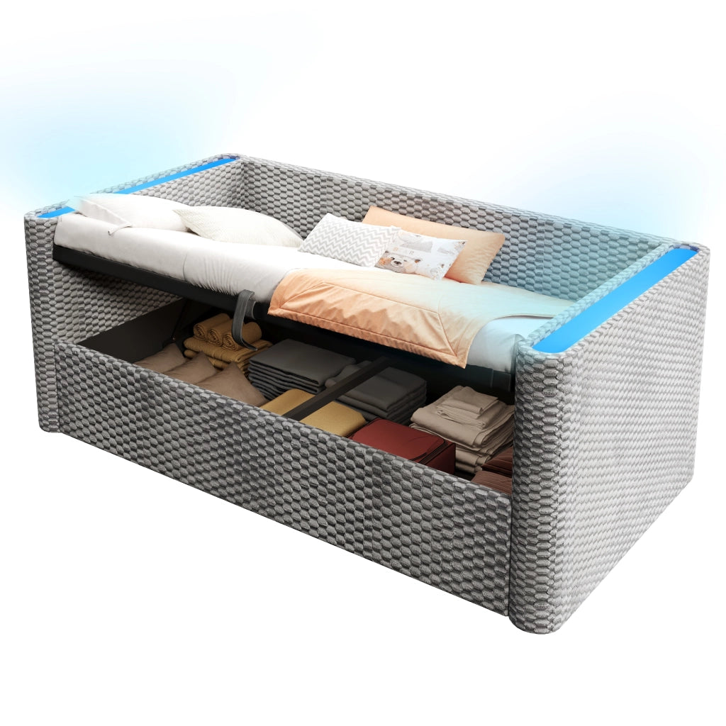 Letto giorno con illuminazione LED e vano contenitore idraulico velluto grigio 90x200 cm