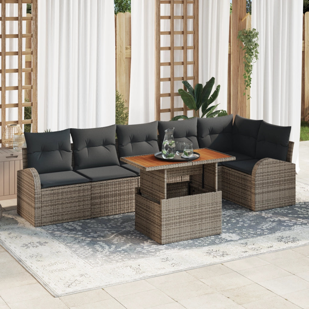 Set da Pranzo da Giardino in 7 Pezzi con Cuscini Grigio in Polyrattan e Acacia