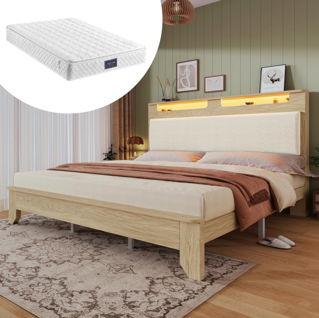 Letto matrimoniale 160x200 cm con LED; testiera con vano contenitore e rivestimento beige