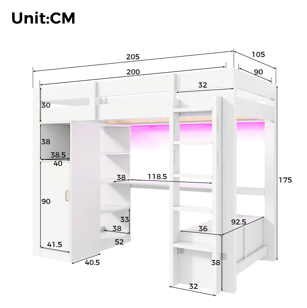 Letto a soppalco 90x200 cm con scrivania; armadio; ripiani e LED; bianco