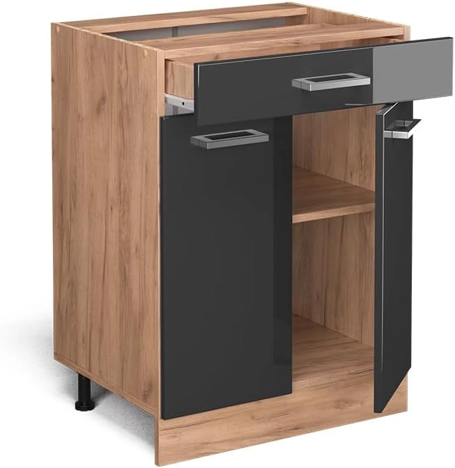 Mobiletto base per cucina R-Line, Antracite lucido, 60 cm con cassetto, senza piano di lavoro, per la libera combinazione all'interno di sistemi cucina modulari