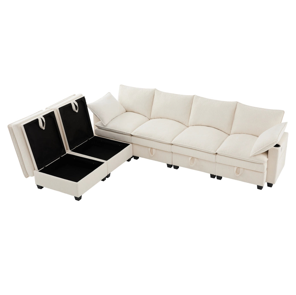 Divano modulare 6 posti in velluto a coste beige con USB