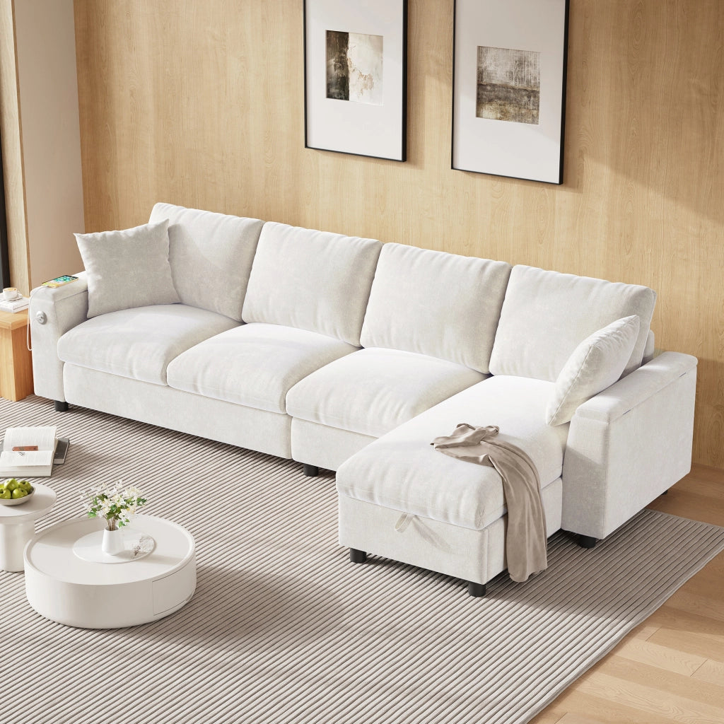 Divano letto angolare con contenitore e tavolino ribaltabile in ciniglia beige