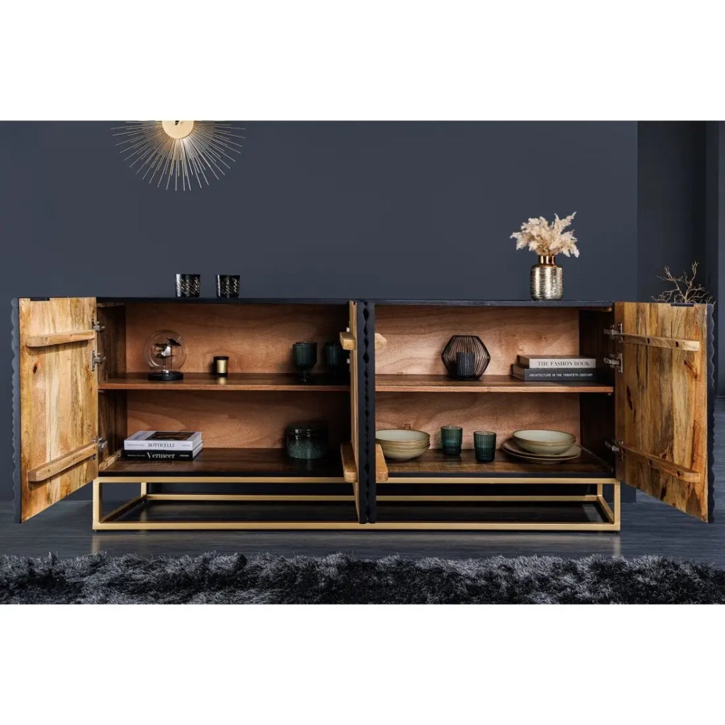 Buffet KOSMOS 180 cm – Legno massiccio nero scolpito 3D – Piedi in metallo dorato