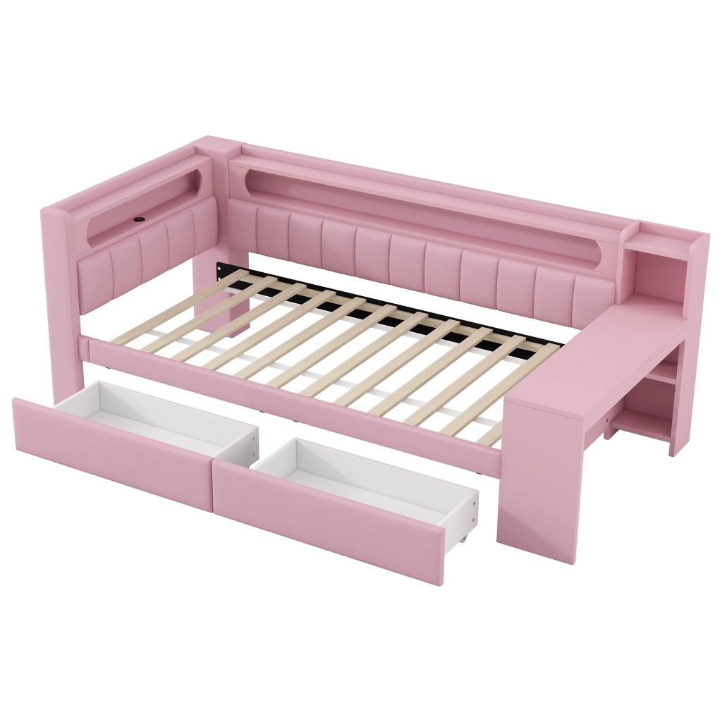 Letto a Divanetto 90x200 cm; Letto Singolo - porta USB; LED; 2 Cassetti e Scrivania - Rosa