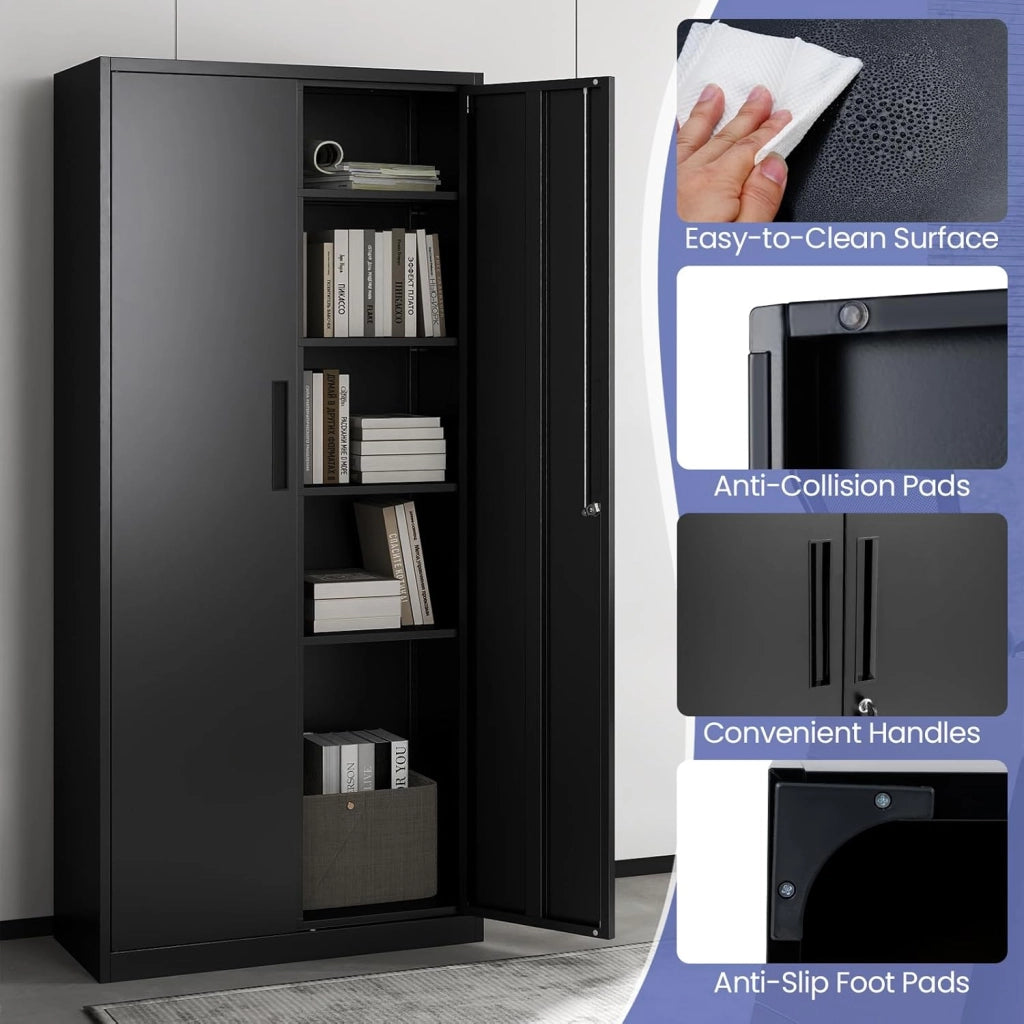Armadietto da ufficio in acciaio a 5 ripiani con serratura, 4 ripiani regolabili e 2 ante, mobile ausiliario per ufficio, officina, 180 x 80 x 40 cm