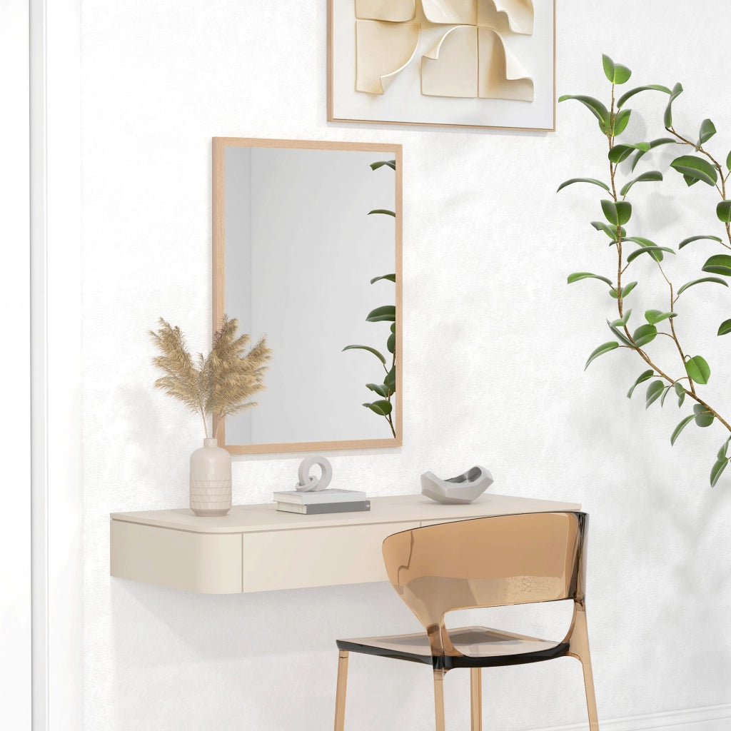 Specchio da parete rettangolare 50 x 70 cm con 4 ganci, cornice in MDF effetto legno naturale