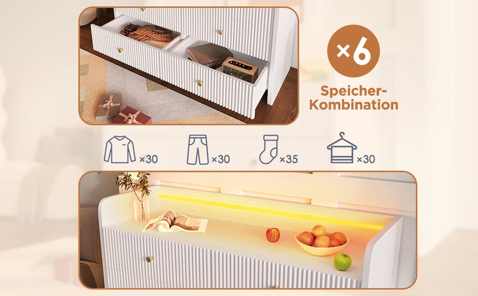 Cassettiera con LED e 6 Cassetti ¨C MINIMAL ¨C Bianco 120x40x75cm Design Moderno Soggiorno