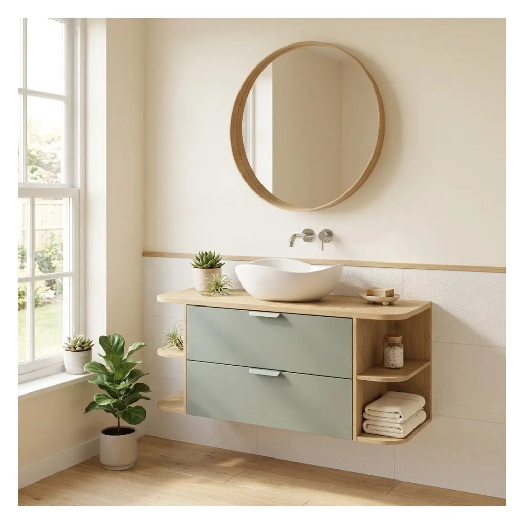 Set OSTER 120cm: mobile sottolavabo con cassetti verde salvia e nicchie a vista + piano per lavabo + lavabo da appoggio bianco