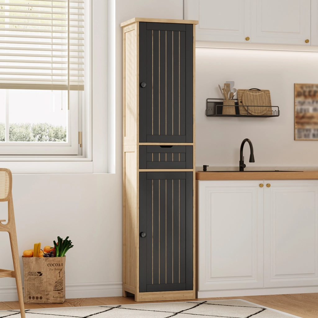 Credenza da cucina 170×40×30 cm in MDF con 2 ante, 1 cassetto e ripiani interni regolabili, colore Natural+Black