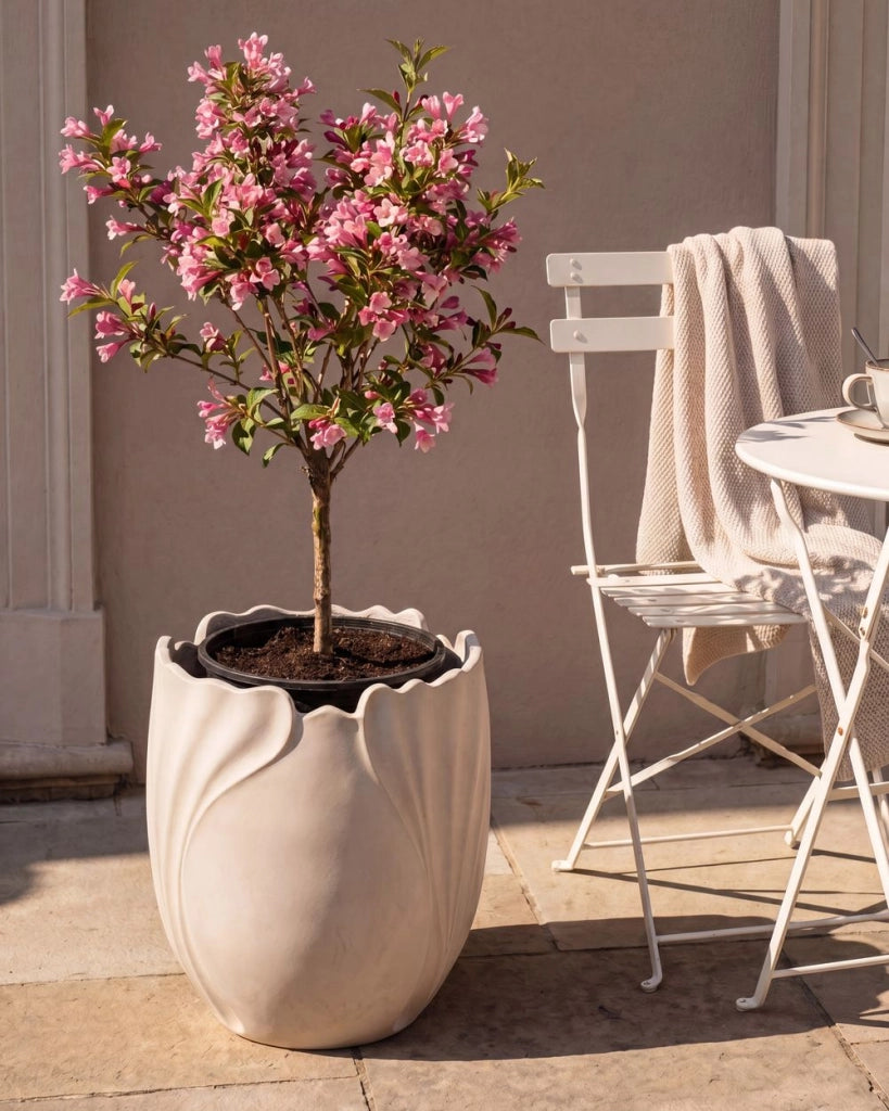 Vaso da fiori in ossido di magnesio beige chiaro dal design scultoreo per giardino e interni resistente alle intemperie 53cm