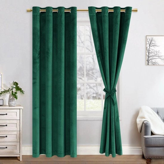 Set di tende da notte in velluto con anelli per camera da letto e soggiorno, 140 x 225 cm, verde scuro