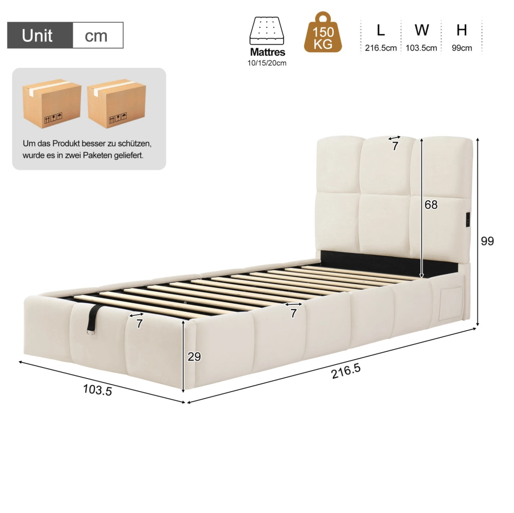 Letto singolo per bambini 90x200 cm con contenitore idraulico; USB C; velluto beige