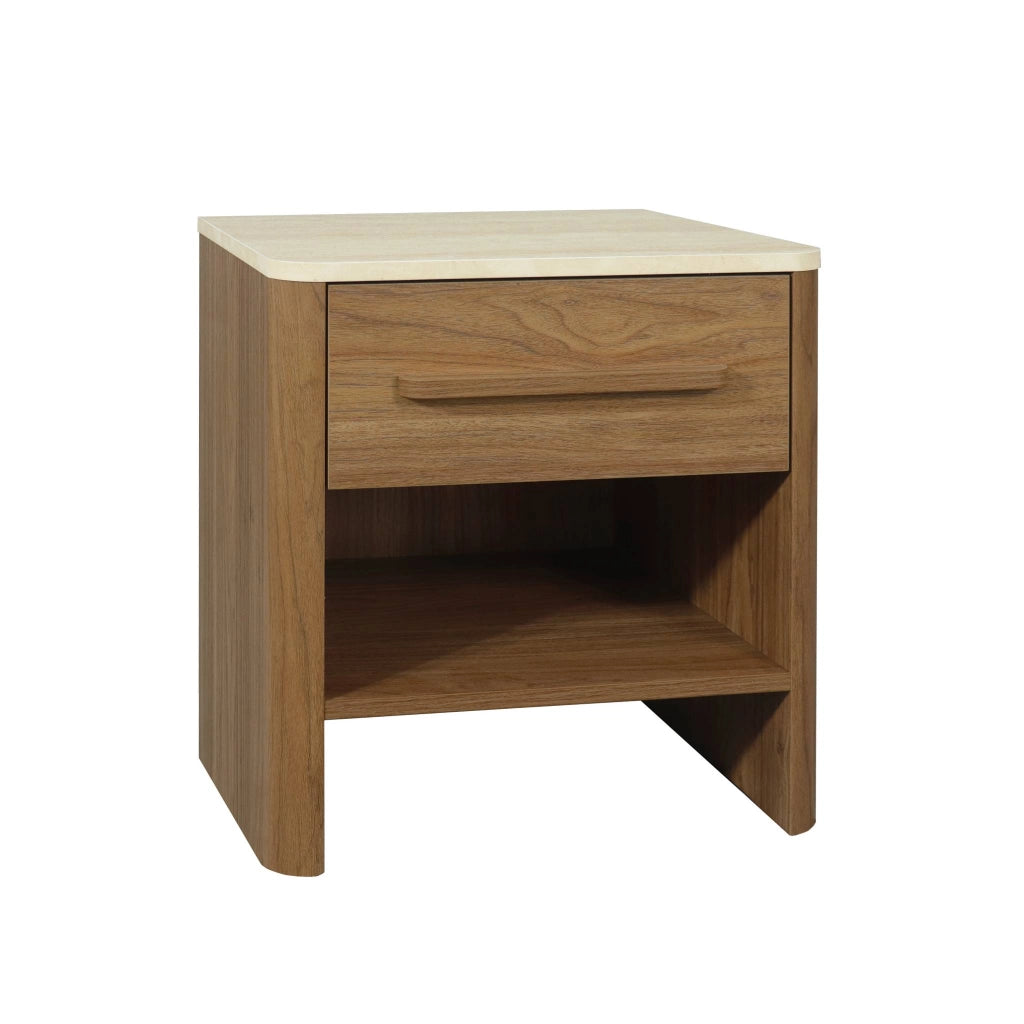 Comodino con decorazione in legno ed effetto travertino, 1 cassetto,