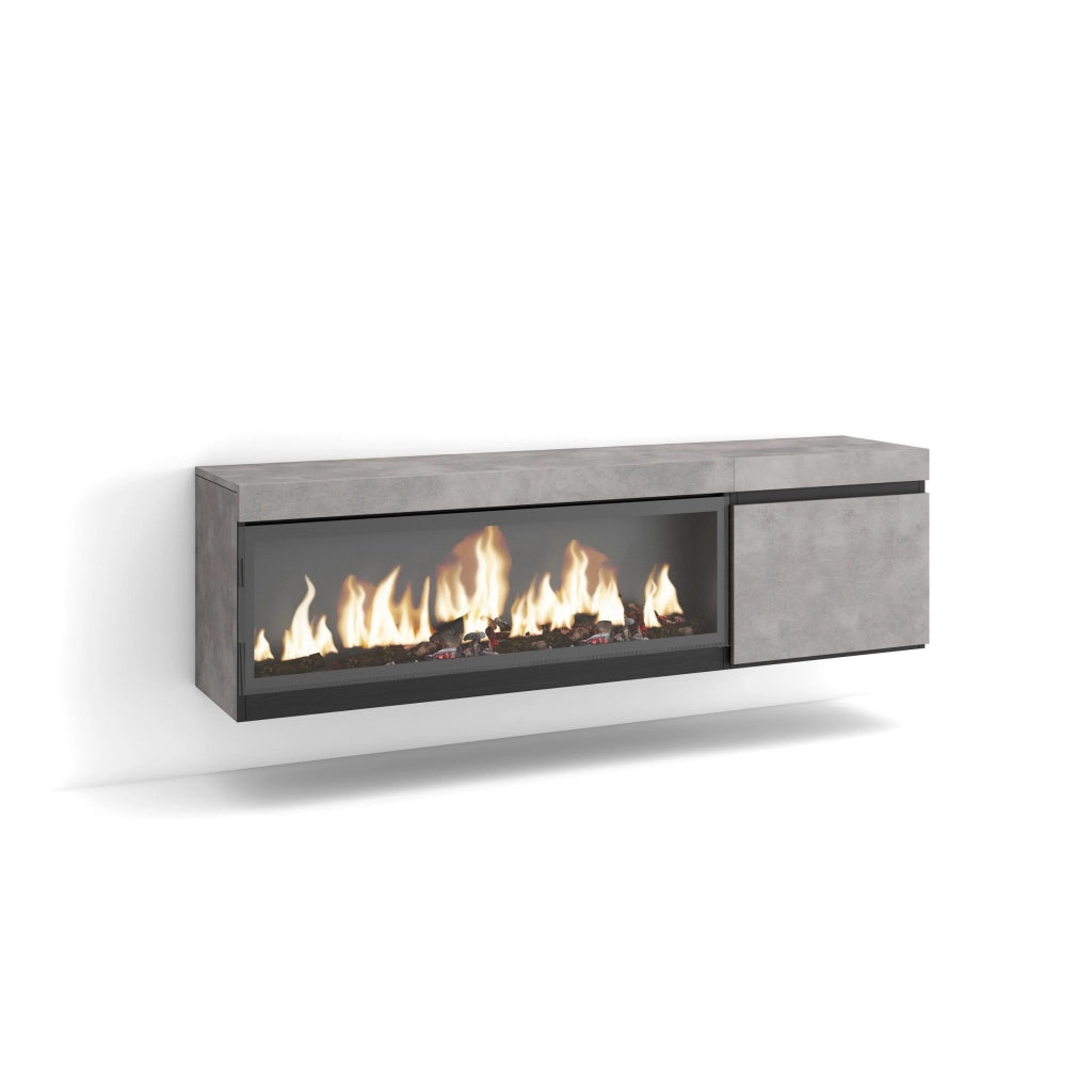 Mobile TV Soggiorno, 158x35x45cm, Per TV fino a 65", Camino elettrico XXL, da appendere, grigio cemento RF3241