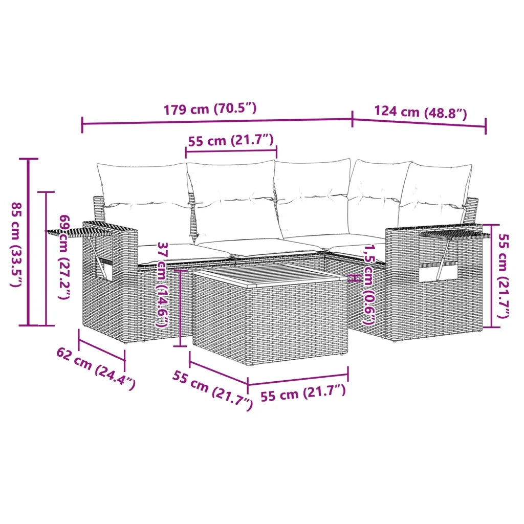 Set Divano da Giardino 5 pz | Set Salotto da Giardino con Cuscini Grigio in Polyrattan