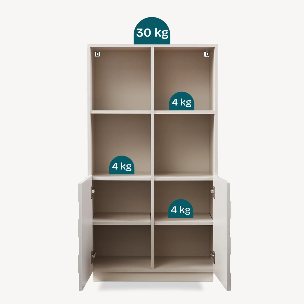 Armadio Comò Alto Bopibobro a 2 Ante Credenza con 4 Ripiani Aperti e 4 Vani Chiusi 118 x 64 x 30 cm - Beige [en.casa]