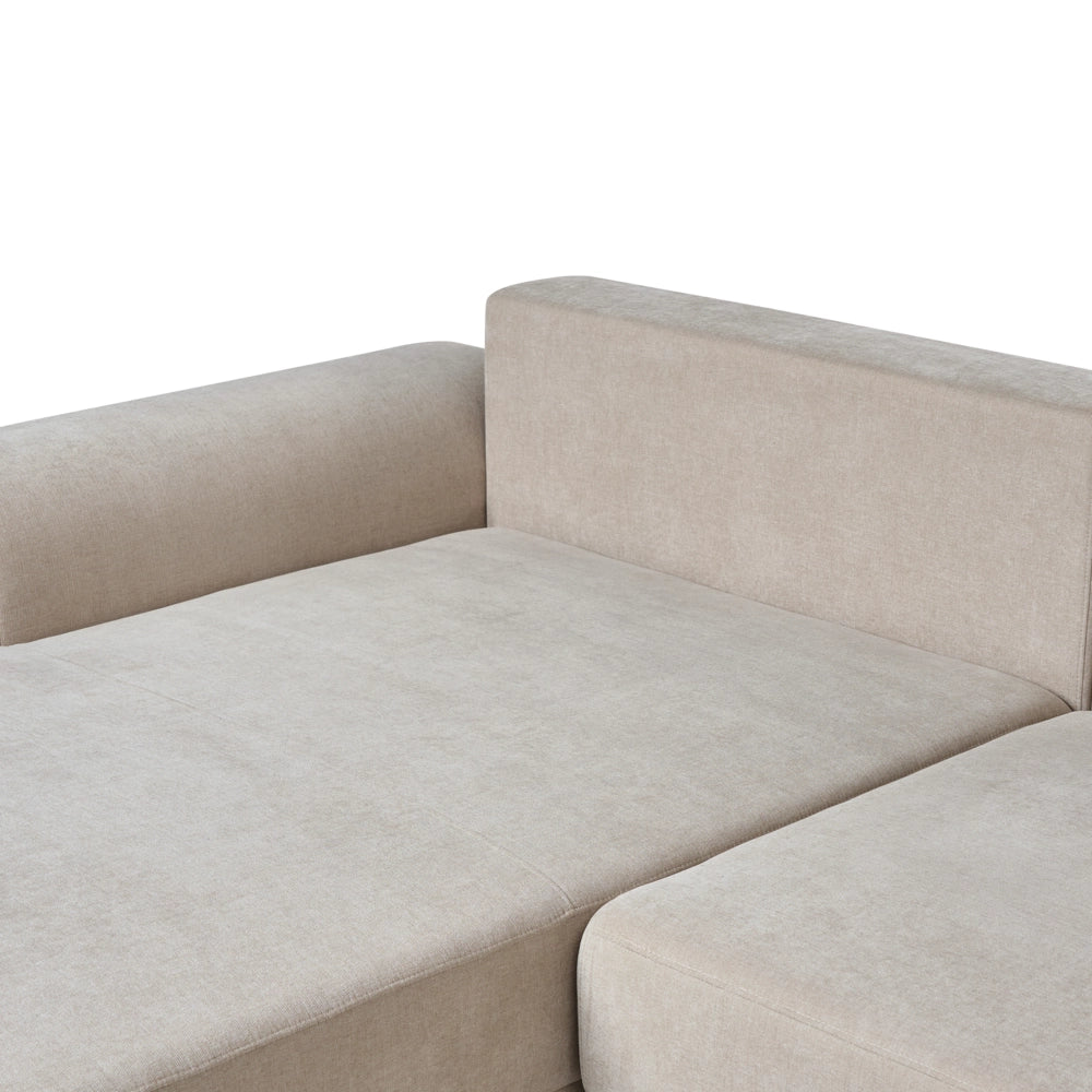 Divano letto angolare a 3 posti con braccioli contenitori rivestito in ciniglia beige chiaro lato sinistro stile moderno