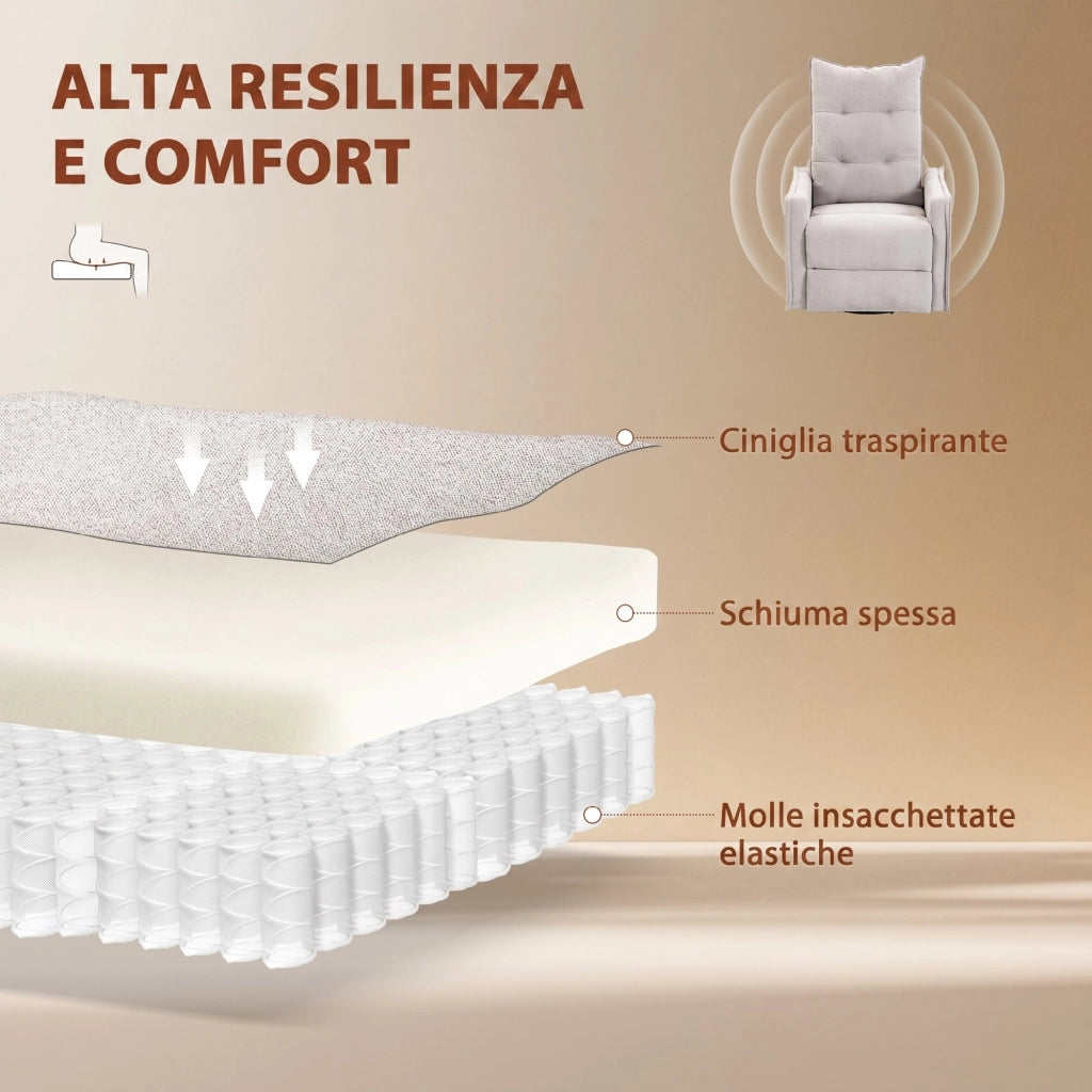 Poltrona Relax Massaggiante  71x93x99 cm Reclinabile con Telecomando e Poggiapiedi in Ciniglia Grigio Chiaro