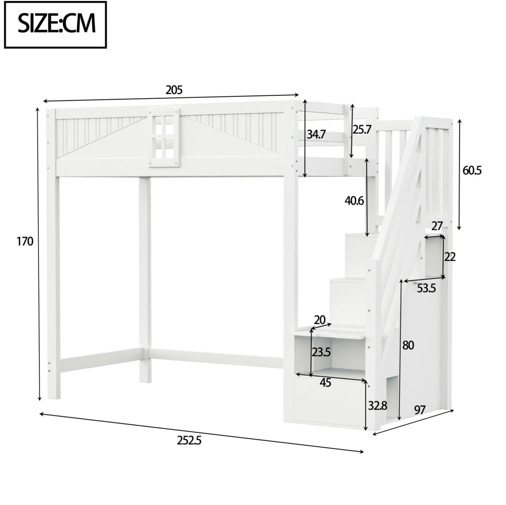 Letto a soppalco 90x200 cm in legno bianco con scala reversibile e vano portaoggetti