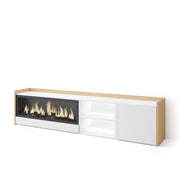 Mobile TV Soggiorno, 212x50x35 cm, Per TV fino a 80", Camino elettrico XXL, LED, Bianco e Rovere soft