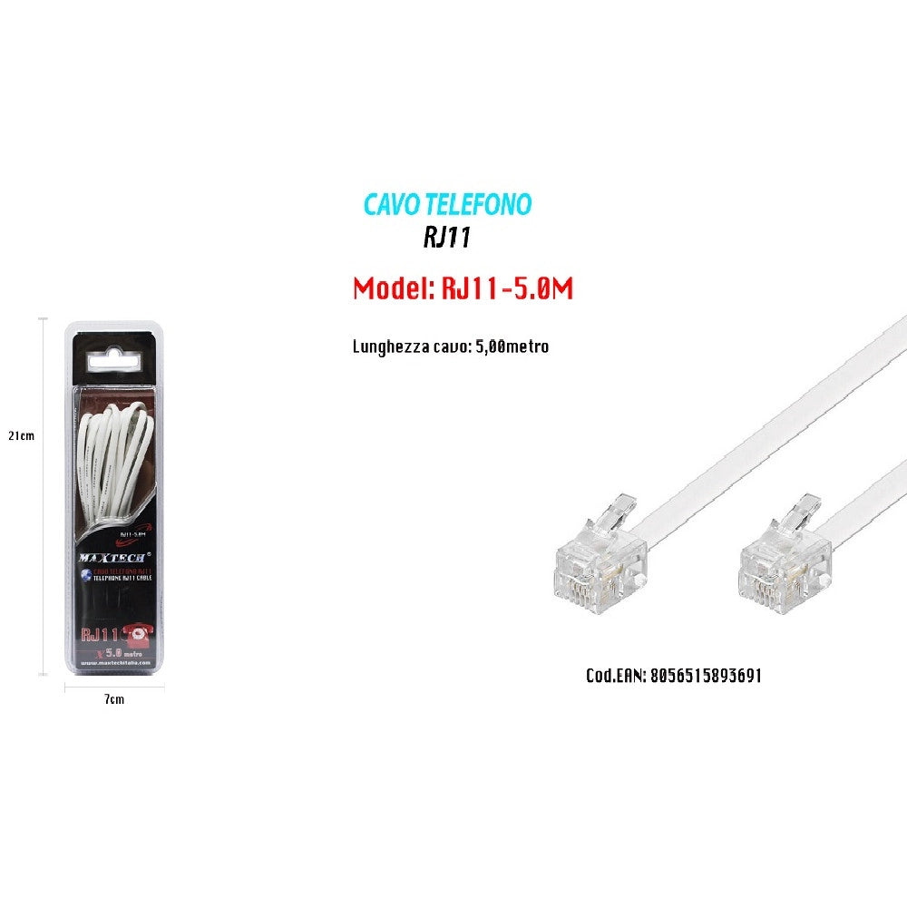 Trade Shop - Cavo Prolunga Telefonica Rj11 5mt Collegamento Telefonico Maxtech Modem Rj11-5.0m -