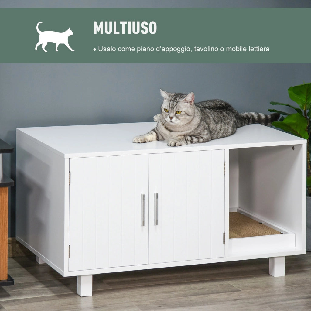 EasyComfort Mobile per Lettiera Gatti in Legno con 2 Ante e Apertura Laterale con Tiragraffi, Bianco