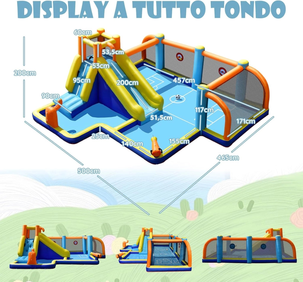 Castello Gonfiabile per bambini, Casa Gonfiabile con Scivolo, Piscina, con Borsa di Trasporto, Soffiatore e Kit di Riparazione, per 5 Bambini di 3-12 Anni, 465 x 500 x 200 cm