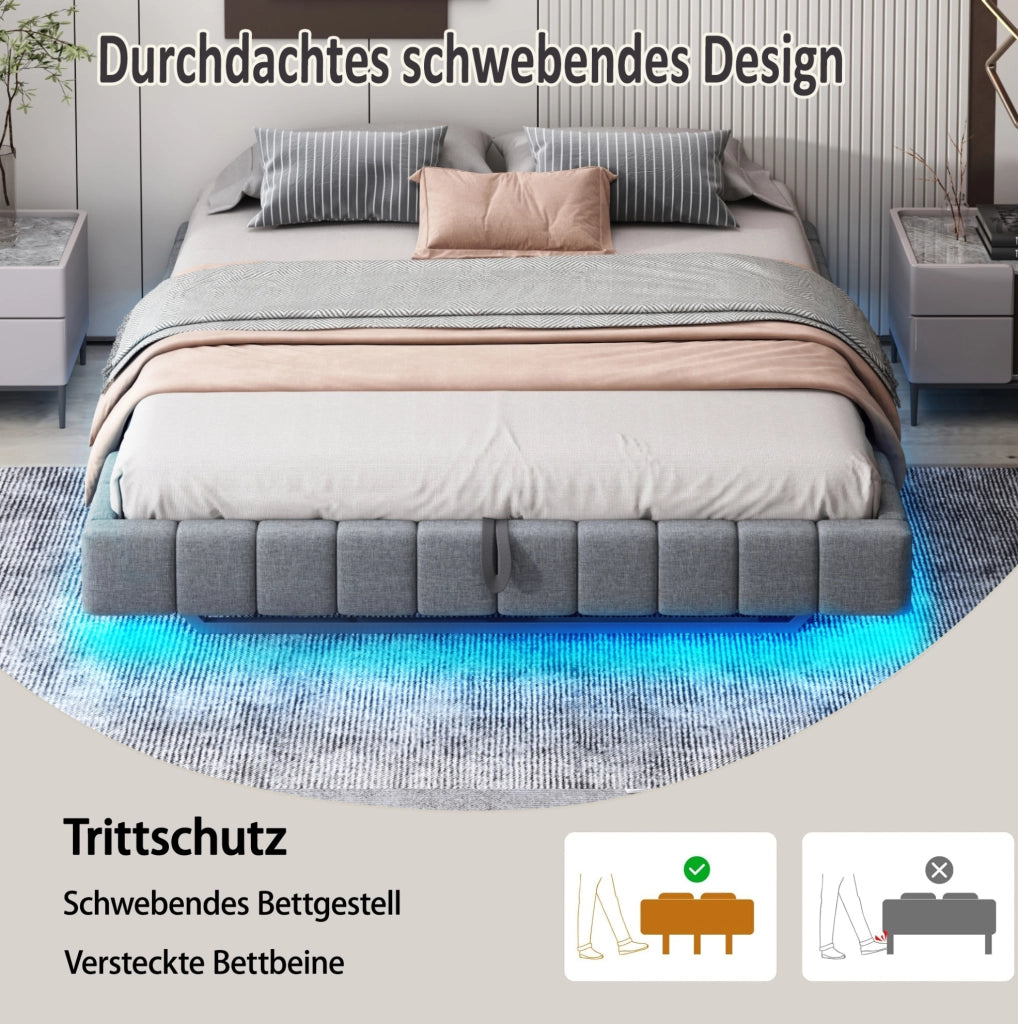 Letto imbottito sospeso 180x200 con LED e contenitore grigio