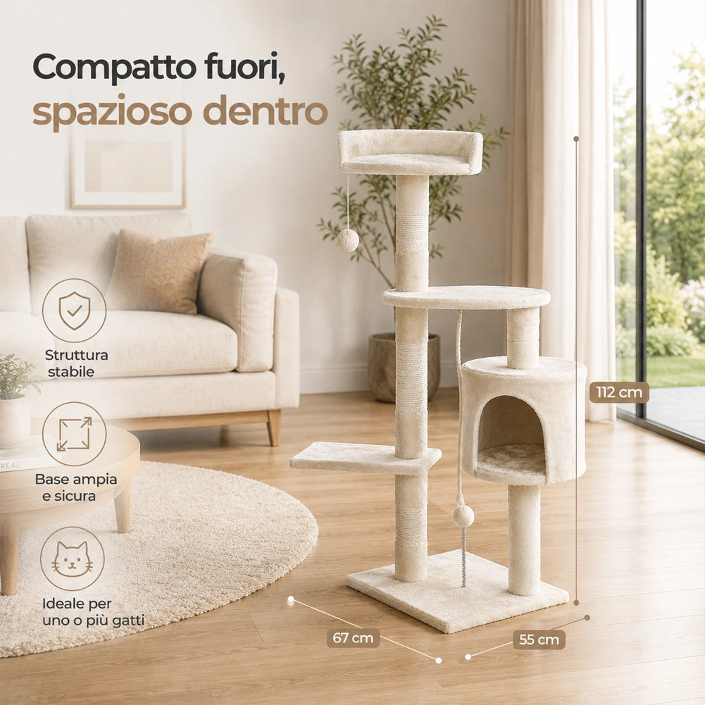 Albero Tiragraffi per Gatti Parco Giochi Cuccia Graffiatoio gatto H112cm Crema