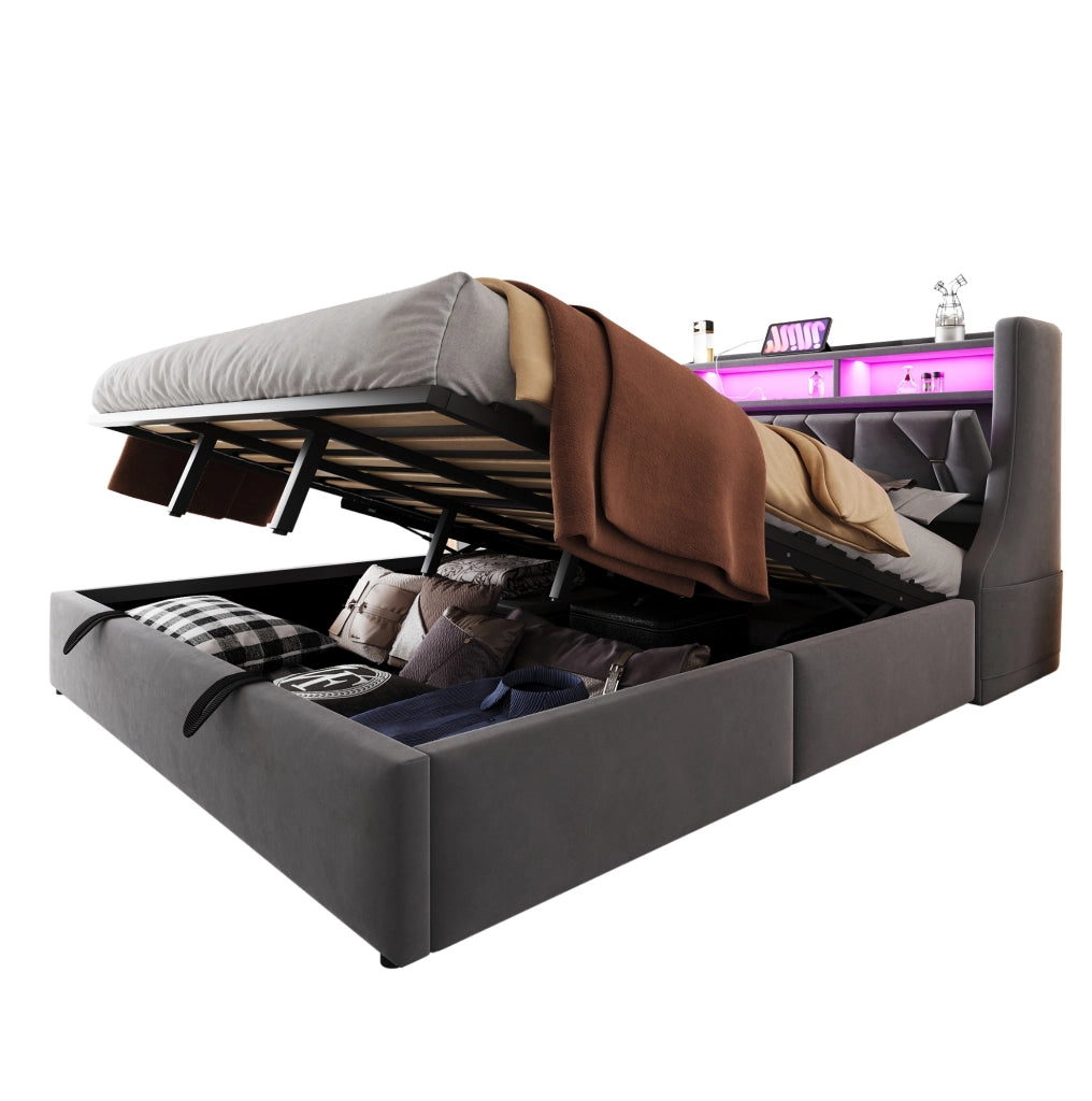 Letto imbottito grigio 180 x 200 cm con vano idraulico e LED